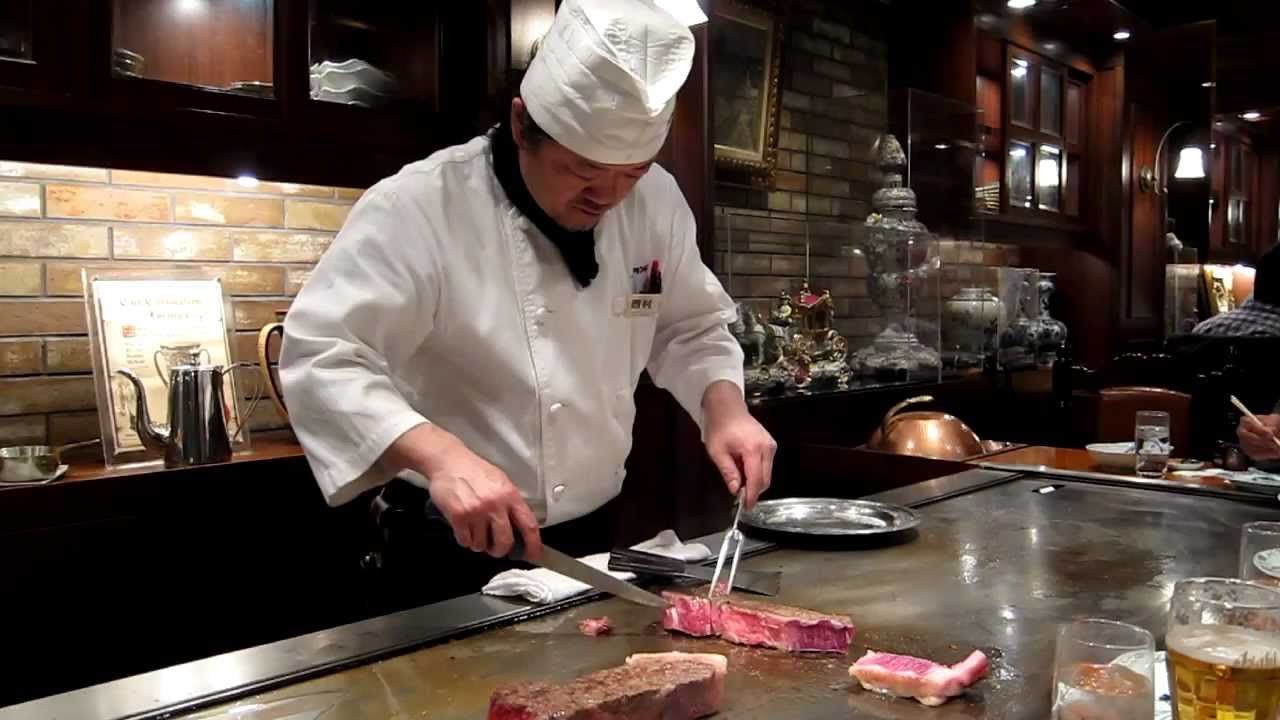 Chef grilling steak in Japan.