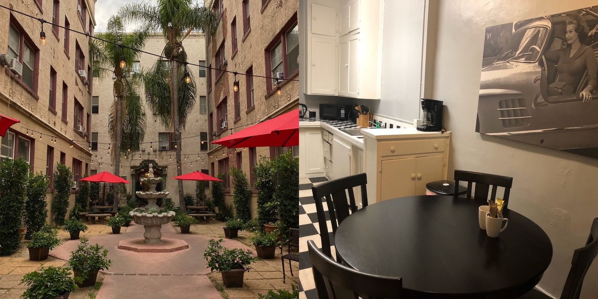 courtyard and ktichen in suite at the canterbury hotel in los angeles