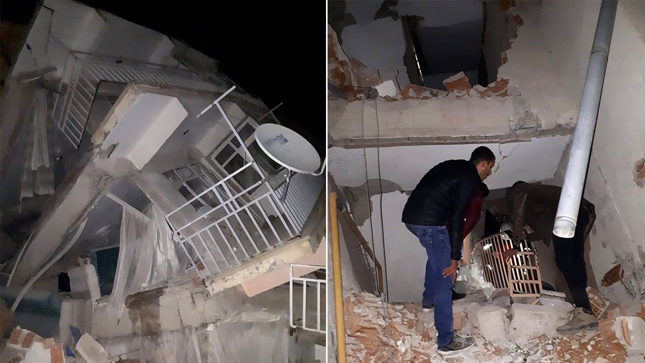 Exterior and interior of building destroyed by earthquake in Turkey
