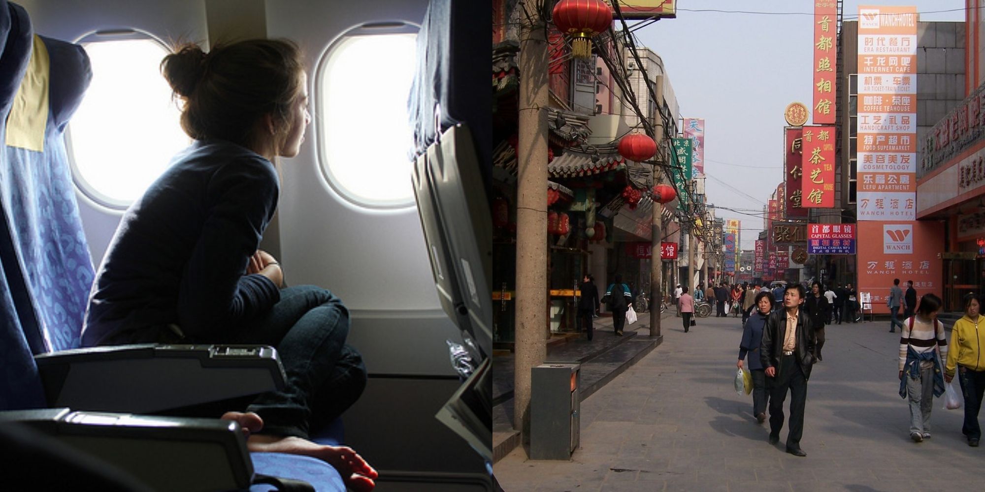 girl on airplane and street in beijing china