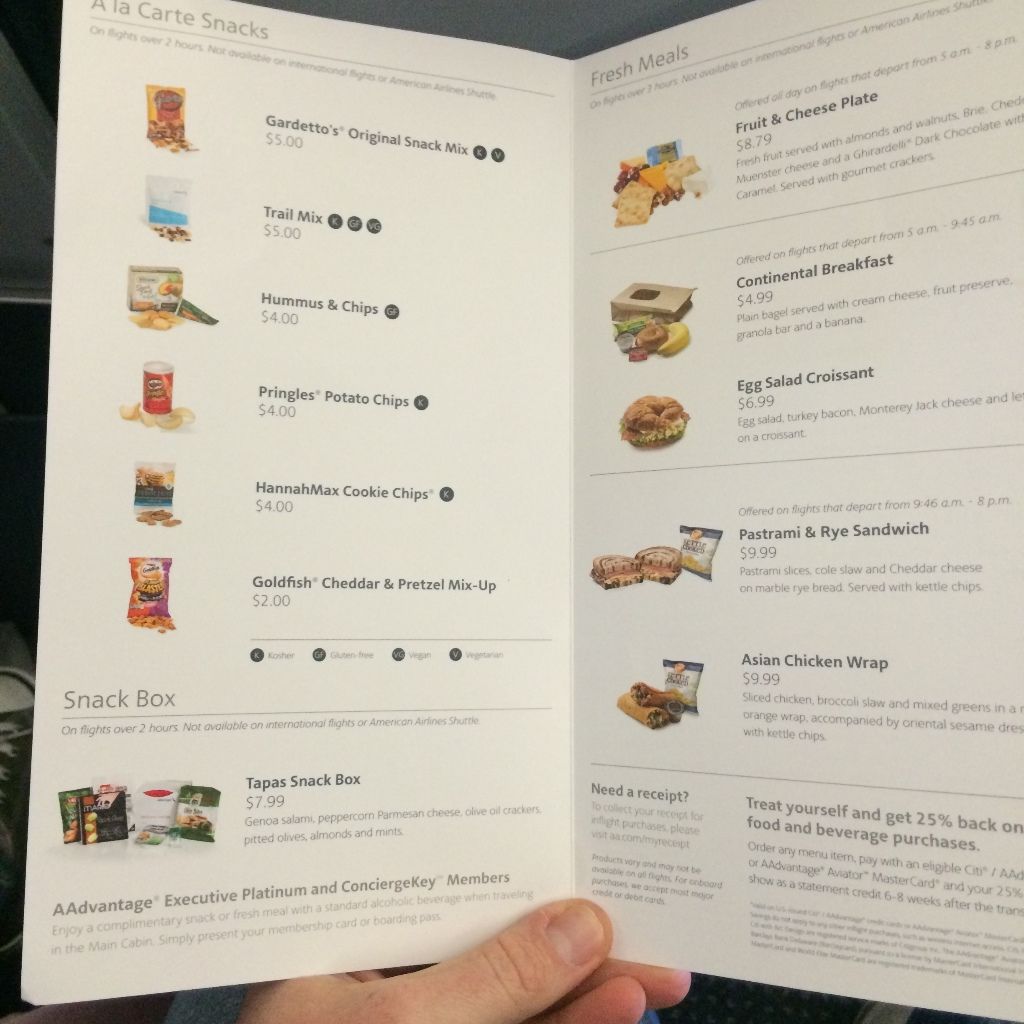 A Menu of all the snacks on an airplane