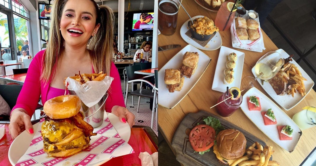 a girl with a giant gourmet burger at big pink in miami, a table full of delish miami food