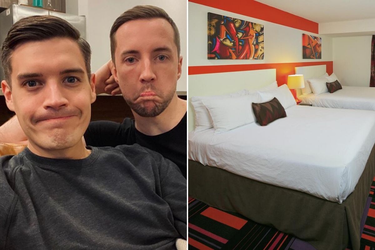 LGBTQ couple sitting on the couch pouting/ hotel room and beds