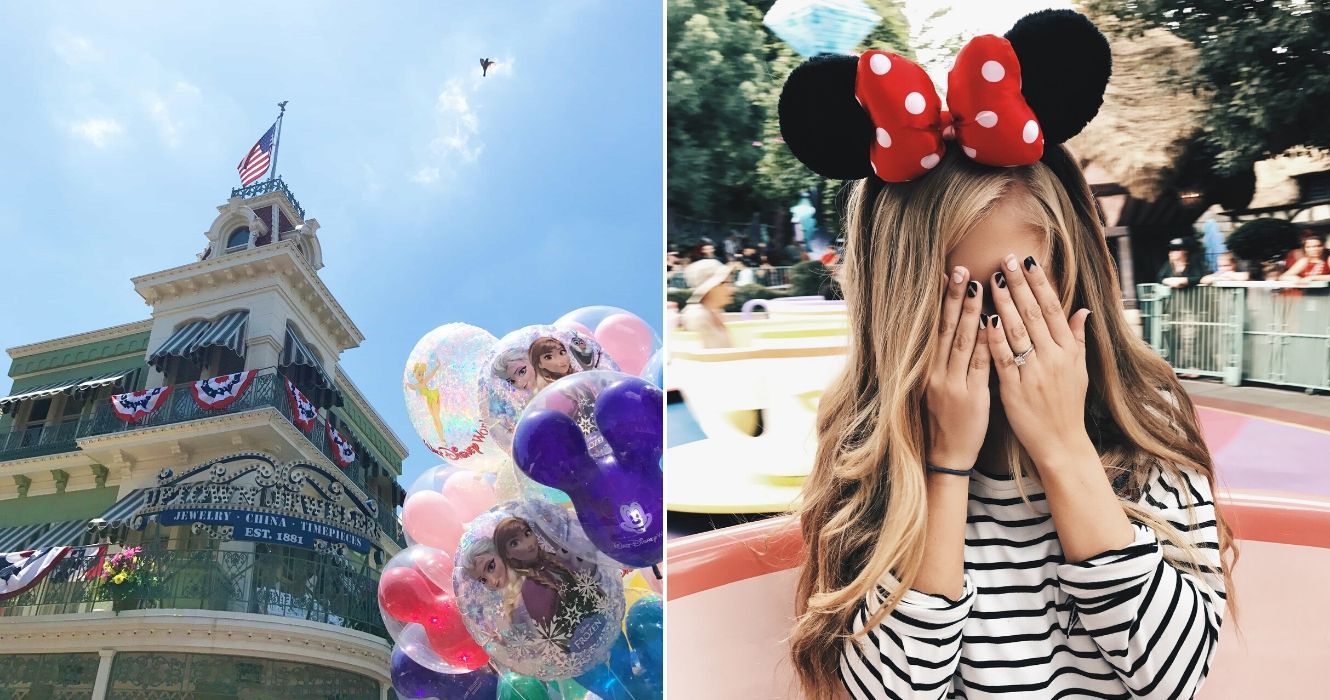 Flags and frozen balloons in Magic Kingdom in Disney World/ girl wearing mouse ears on tea cup ride covering her face