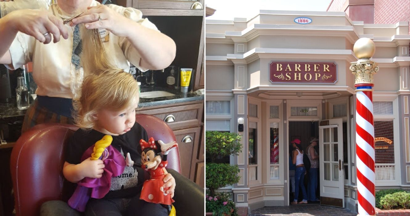 Toddler sitting through first haircut at Harmony Barber Shop in Disney World