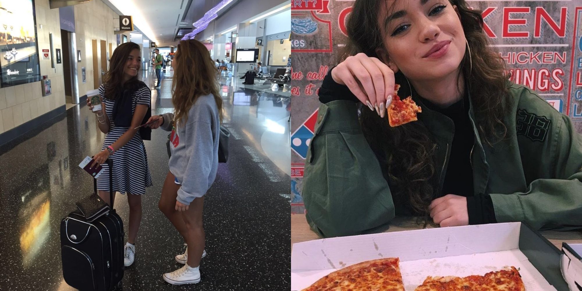 girls standing in airport and girl eating pizza