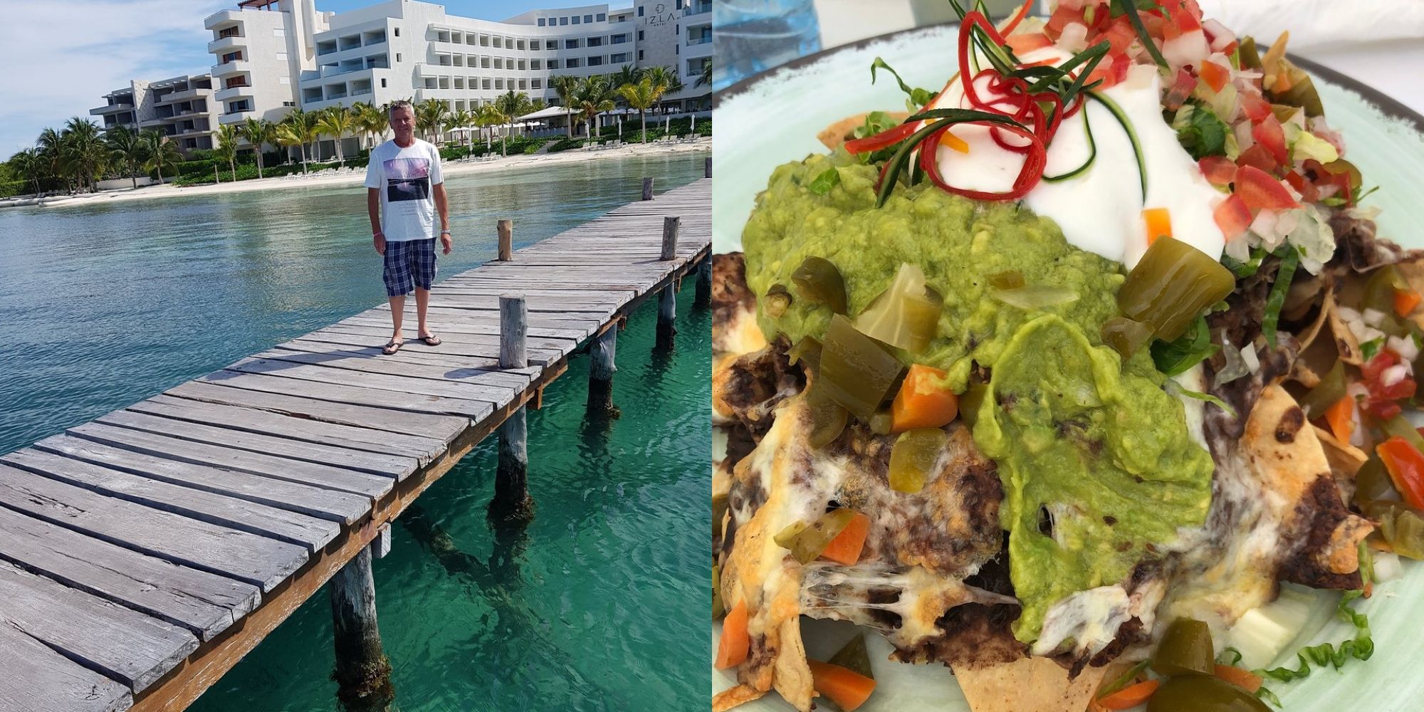 man standing on dock and food at resort