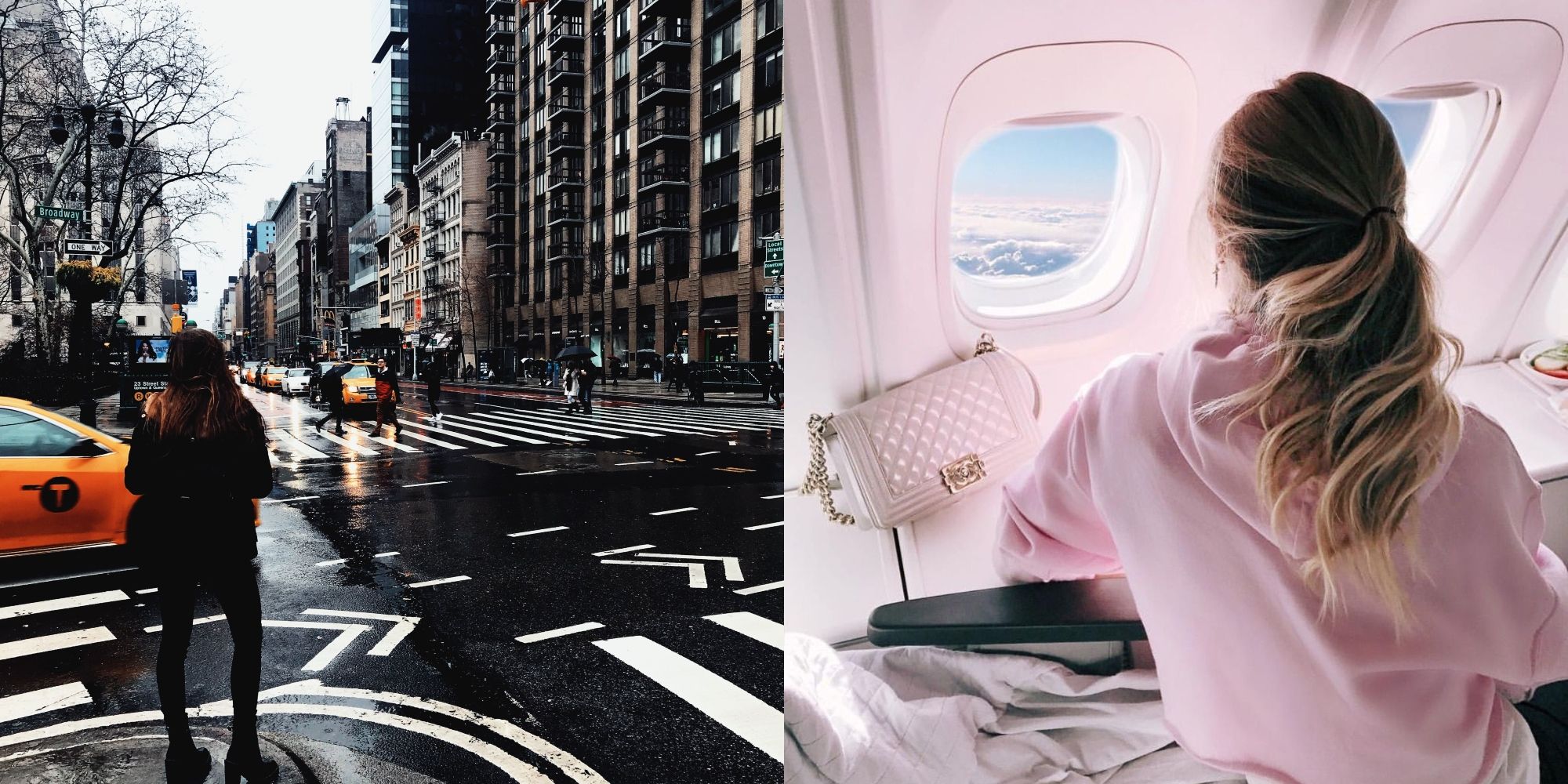street in new york city and girl on plane