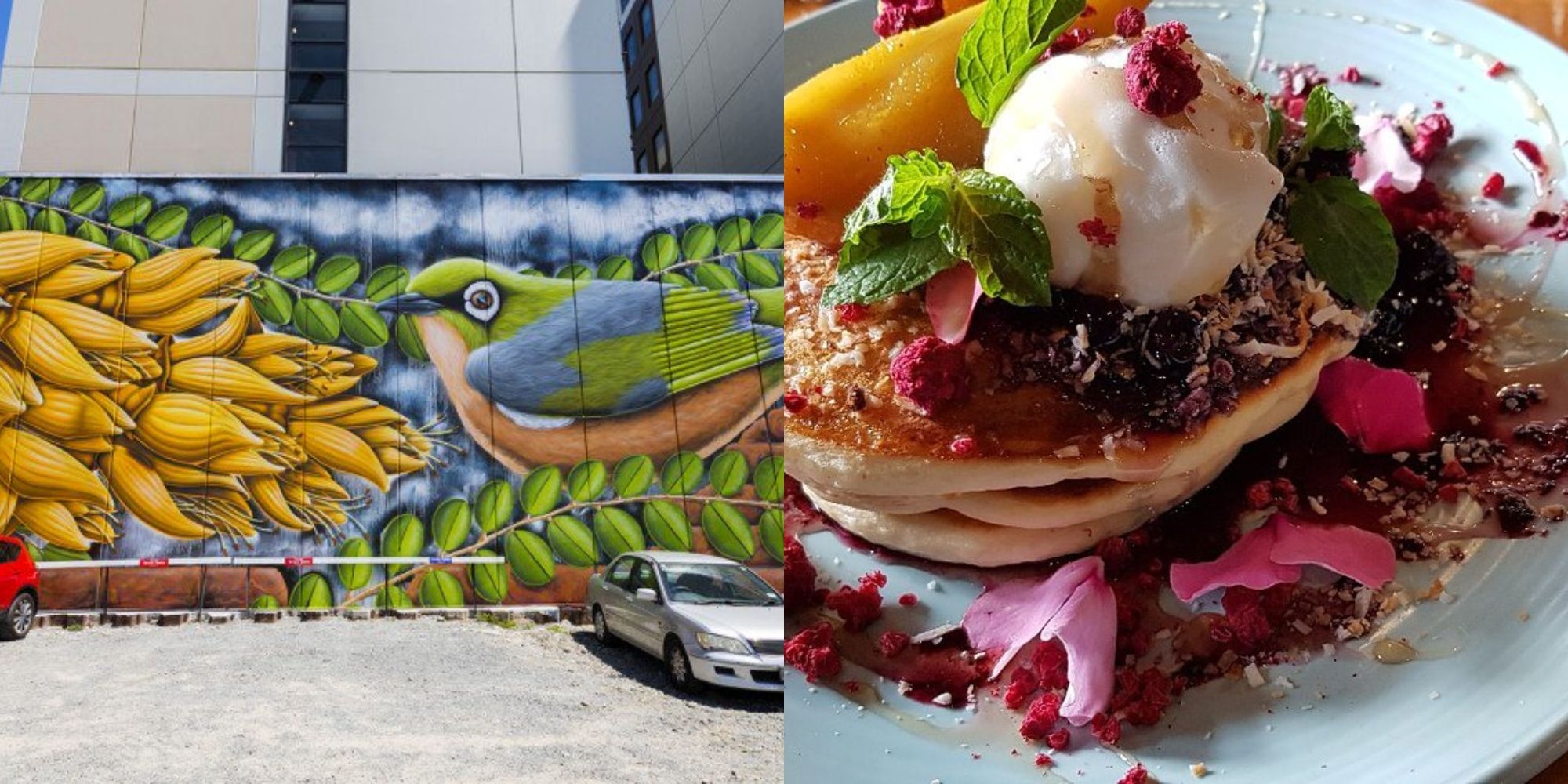 street art and pancakes with fruit