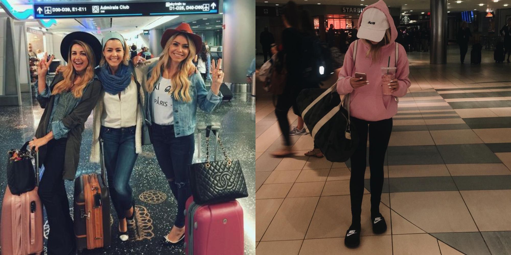 three girls in airport and girl standing holding coffee in airport