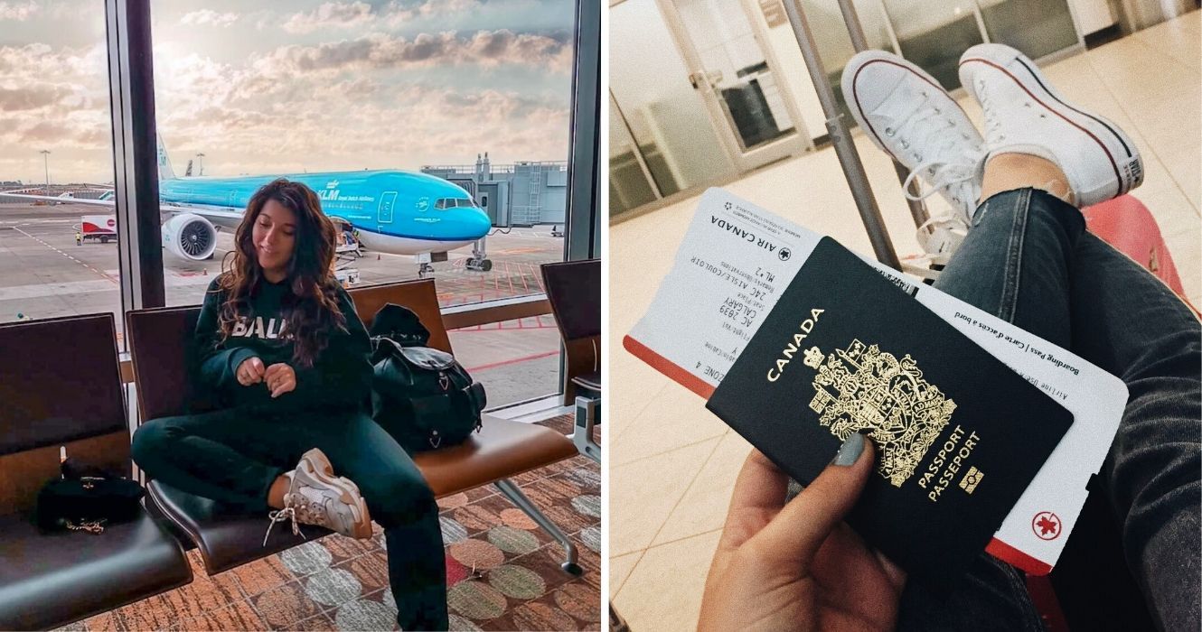 a girl waits at the airport to board her flight, someone holds a passport from canada
