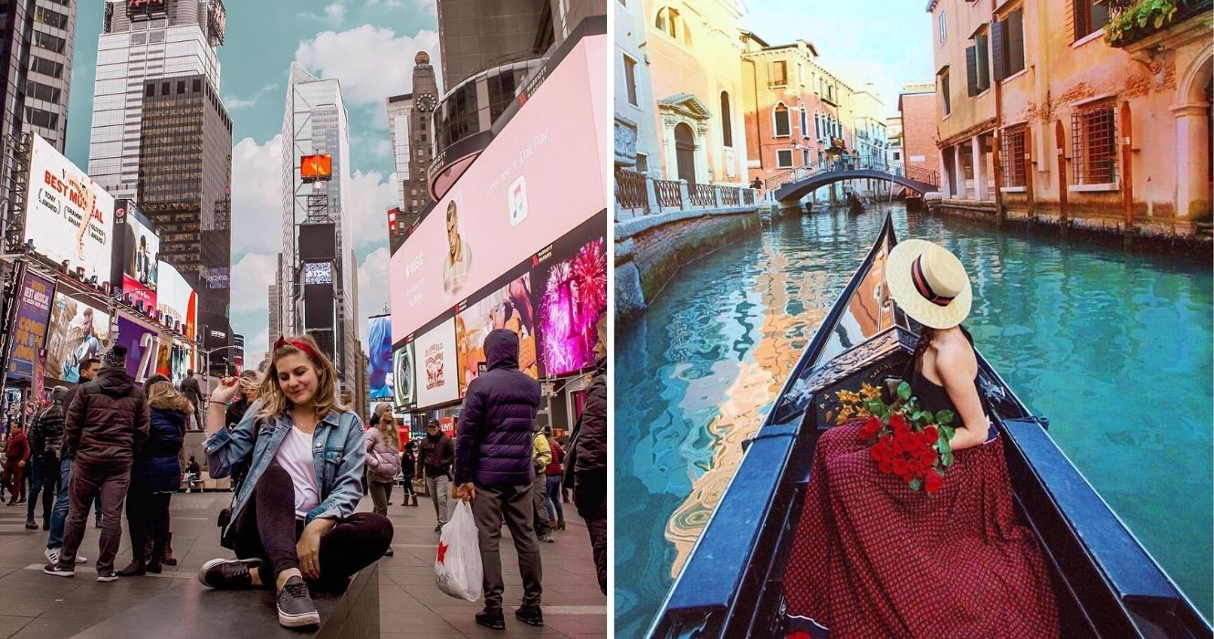 a girl takes a photo in the middle of time square in nyc, a girl rides a gondola in venice, italy