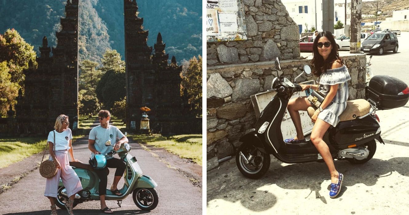 a couple gets ready to ride a scooter through asia, a tourist rents a vespa