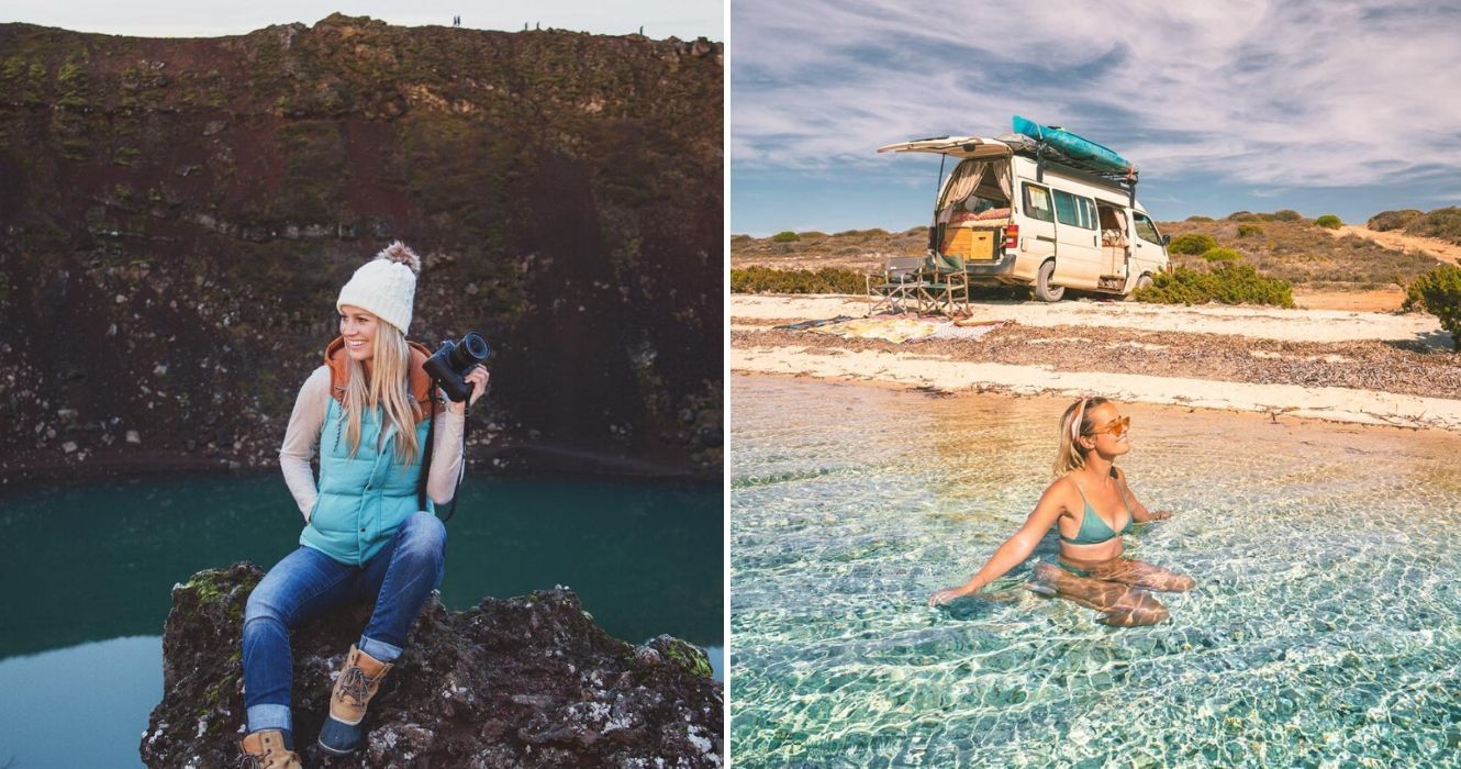 a solo female photographer takes photos cliffside, a van-traveler stops for a swim