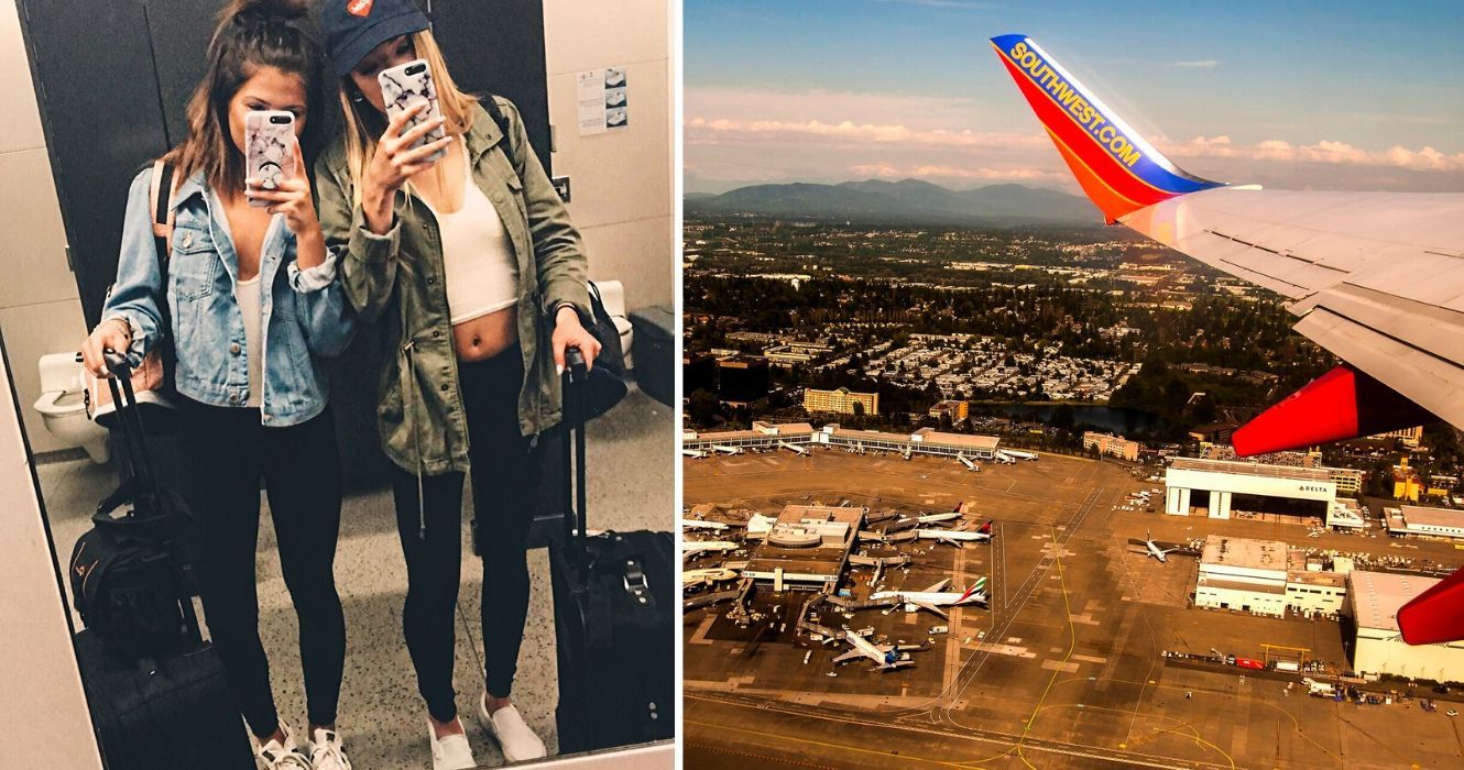 two girls take a selfie in an airport, the view of a southwest plane wing out of the plane window
