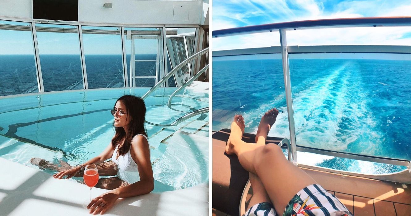 a girl in the pool on a cruise, a passenger lounges on the back of a cruise ship
