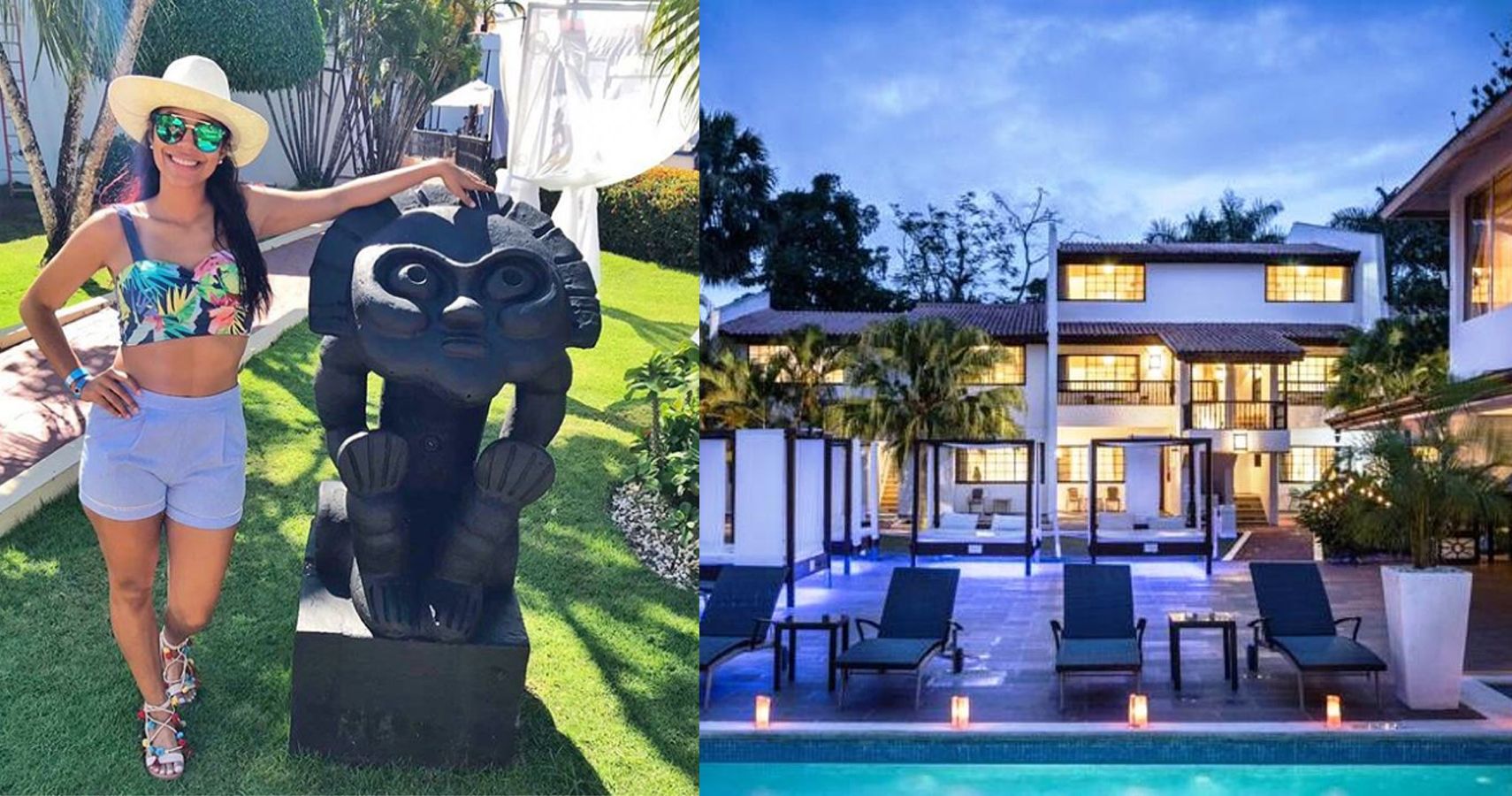 Woman by native sculpture in Dominican Republic and Bluebay resort at night