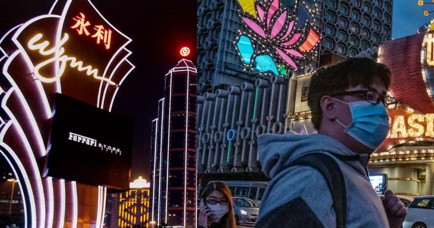 Wynn Casino and masked pedestrians in Macau China