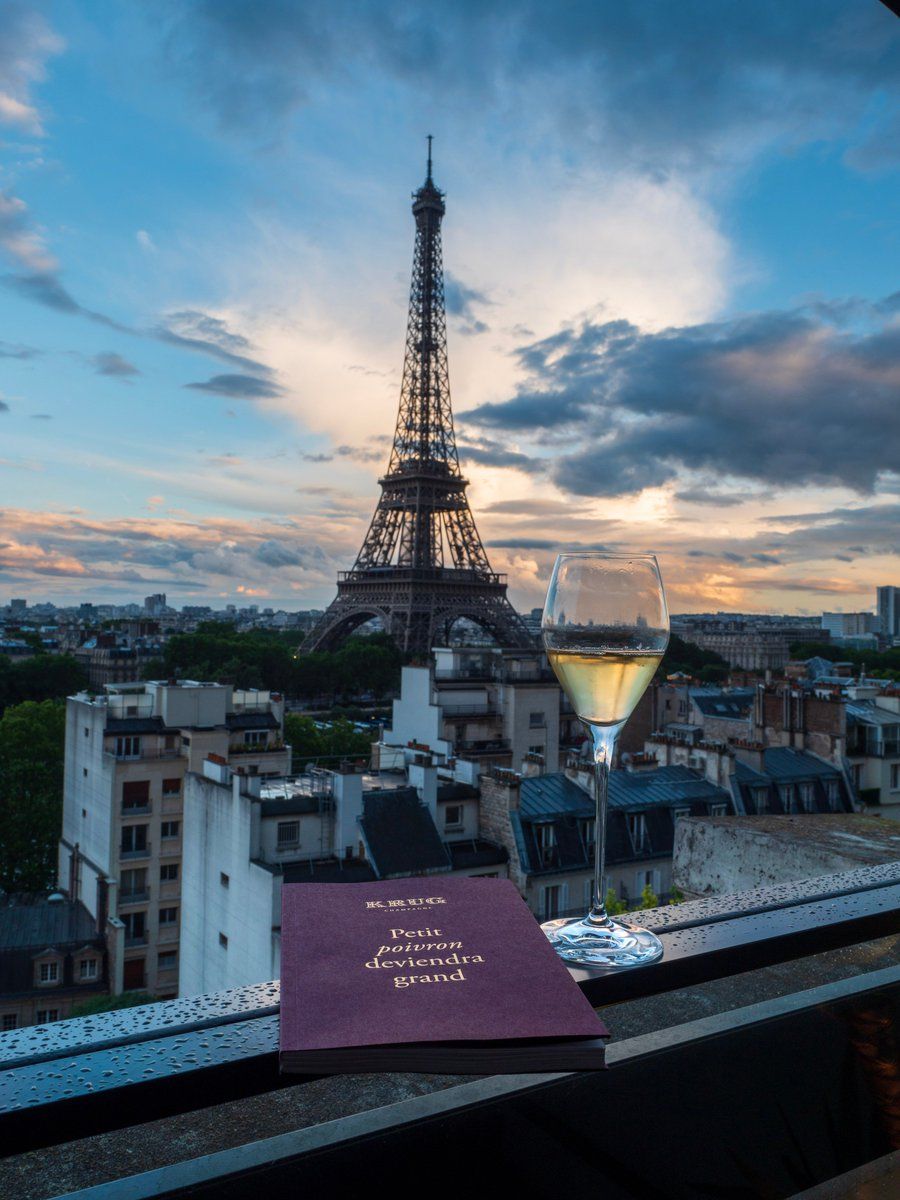 View of the Eiffel Tower from Shangri-La Paris hotel at sunset