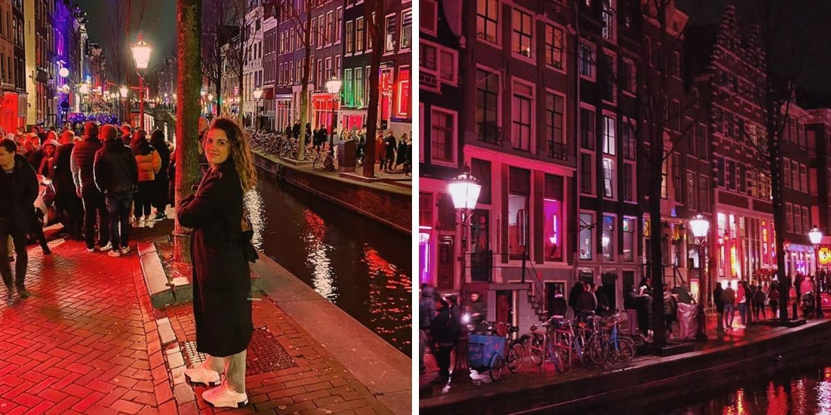 woman traveling through the red light district at night