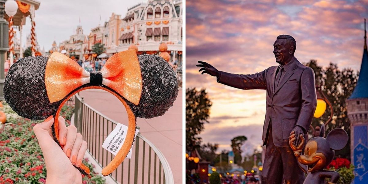 Mickey mouse ears and a statue of Walt Disney at Disney World in Florida