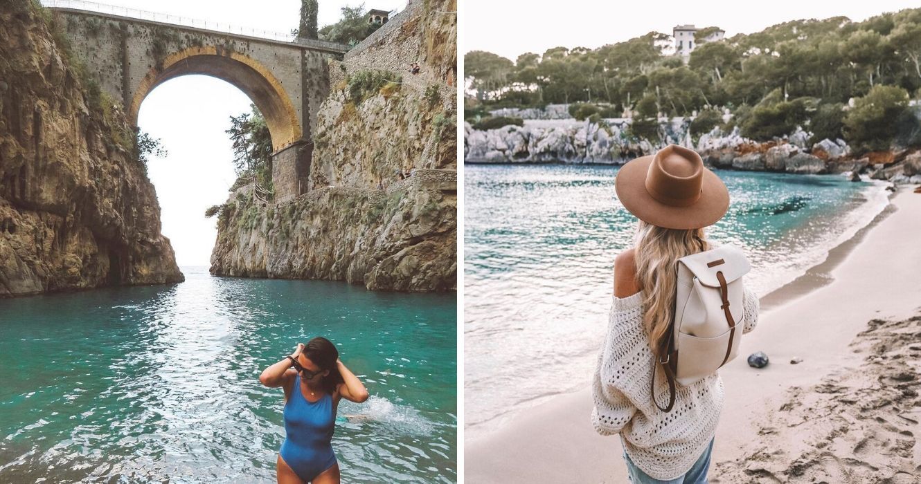 Woman in blue bathing suit in ocean/woman with backpack hat and sweater on Italian beach