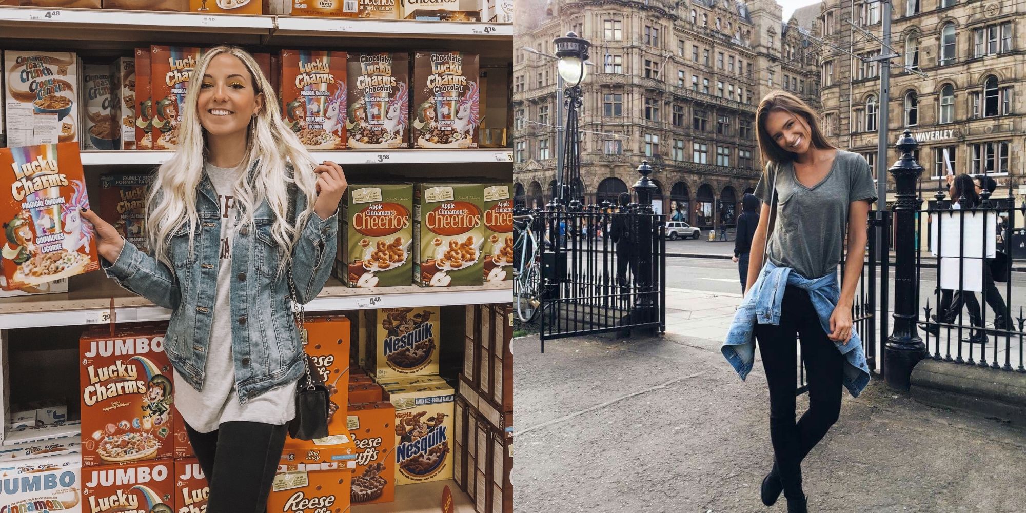 girl in grocery store cereal aisle and girl standing on the street