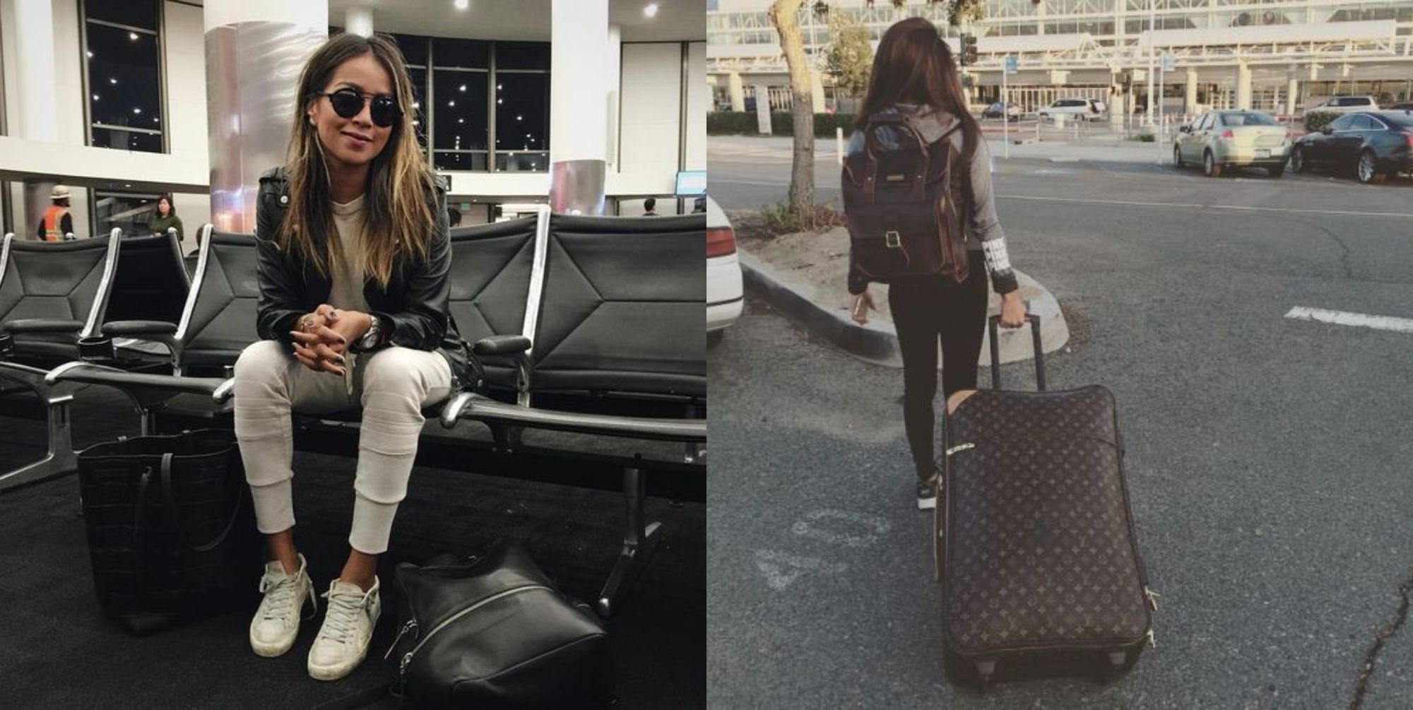 Girl Sitting At Airport And Girl Walking With Suitcase