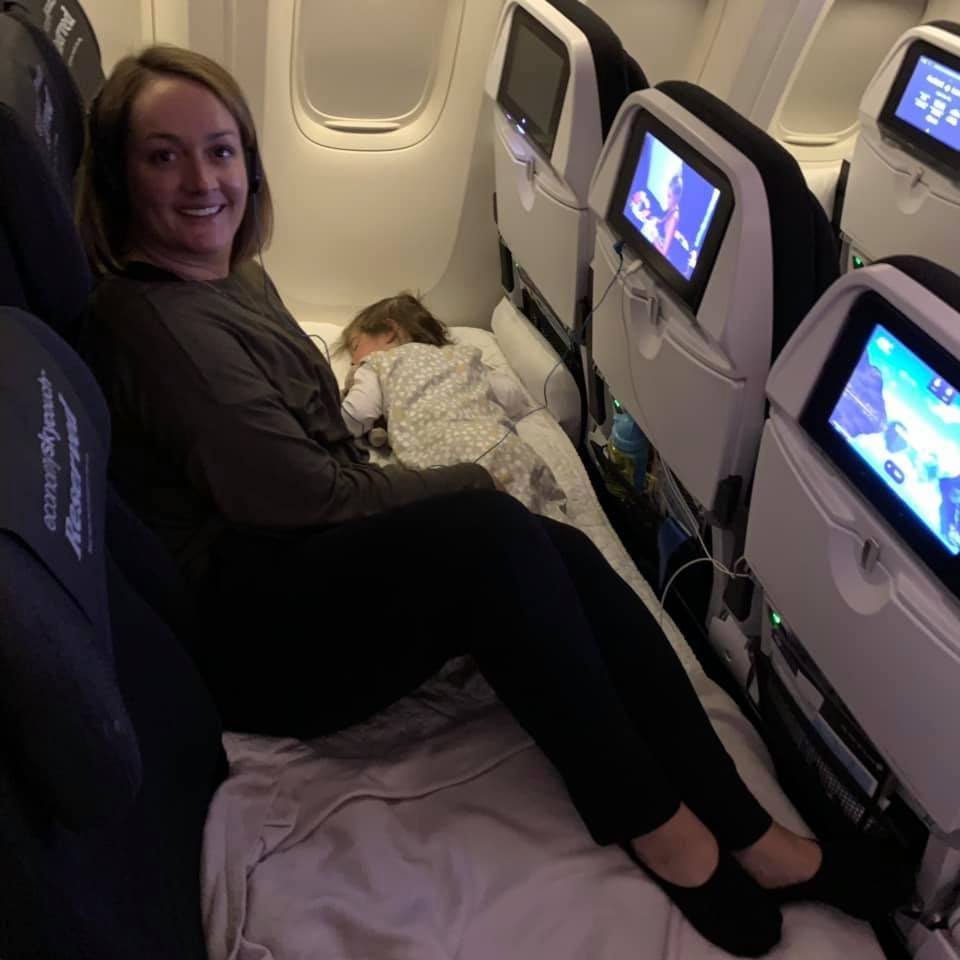 Mother and her child on an airplane