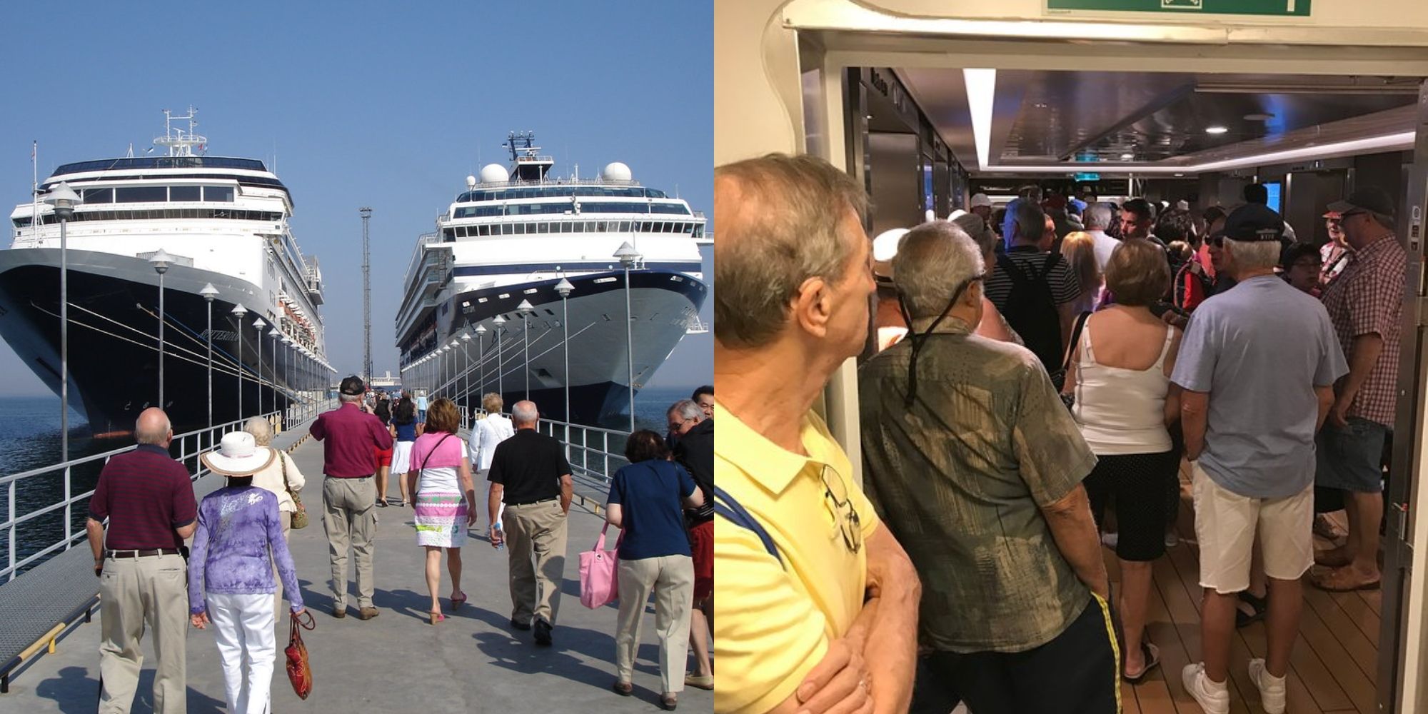 people walking and lining up on cruise ship