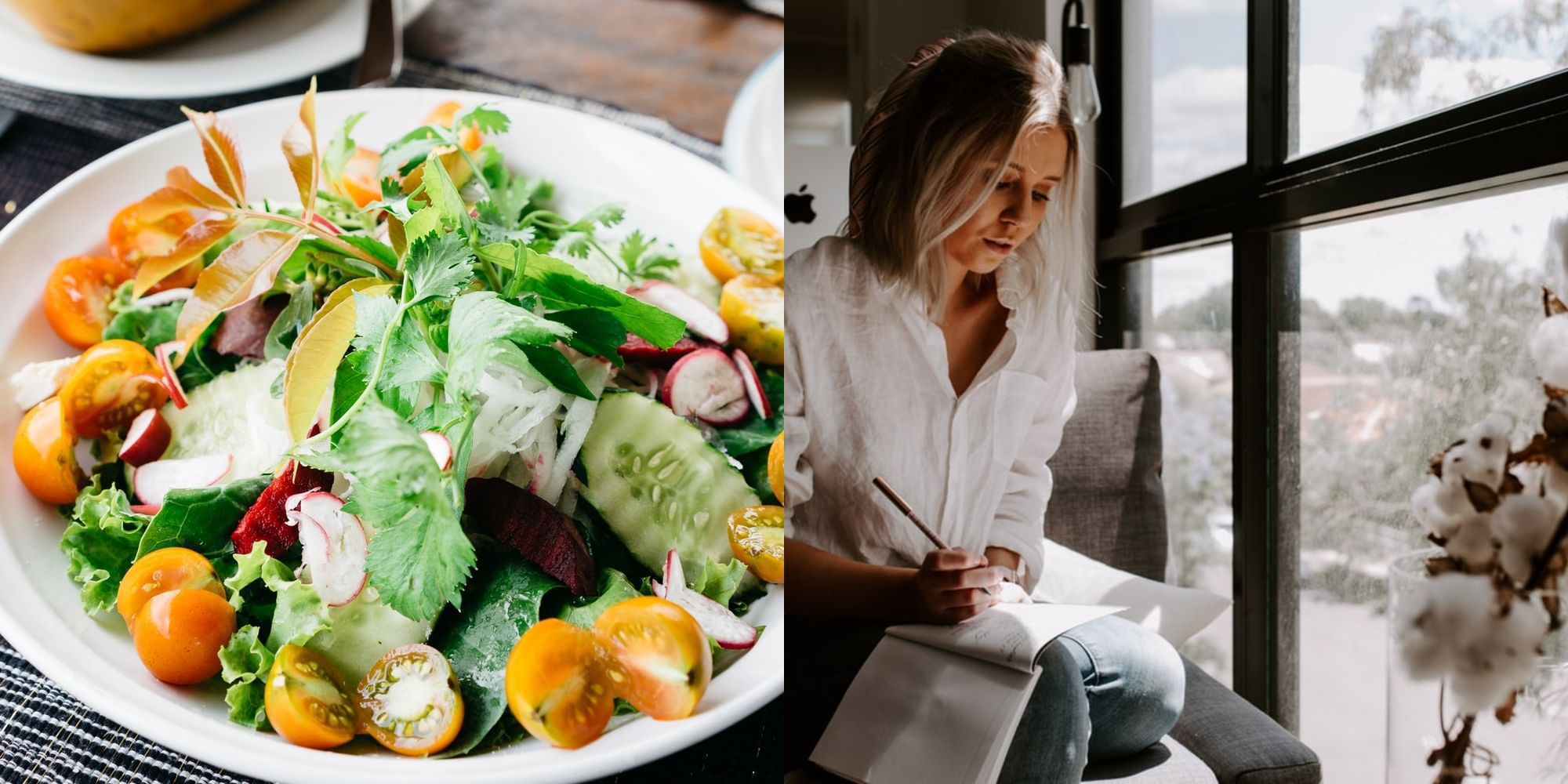 salad and woman writing in notebook