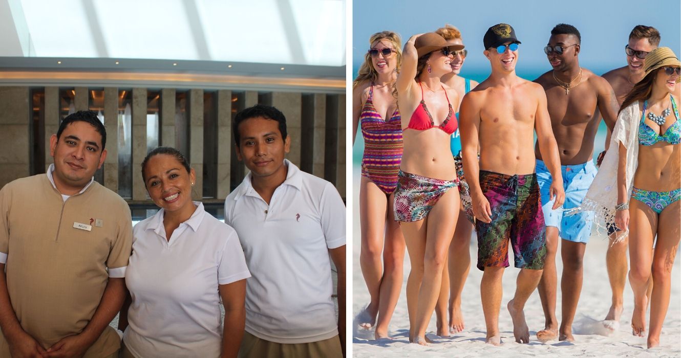 staff at a resort pose for a photo, a group of teens go on spring break