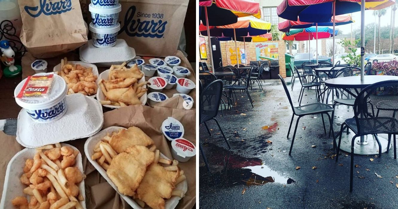 some takeout food from ivars, a photo of an empty restaurant
