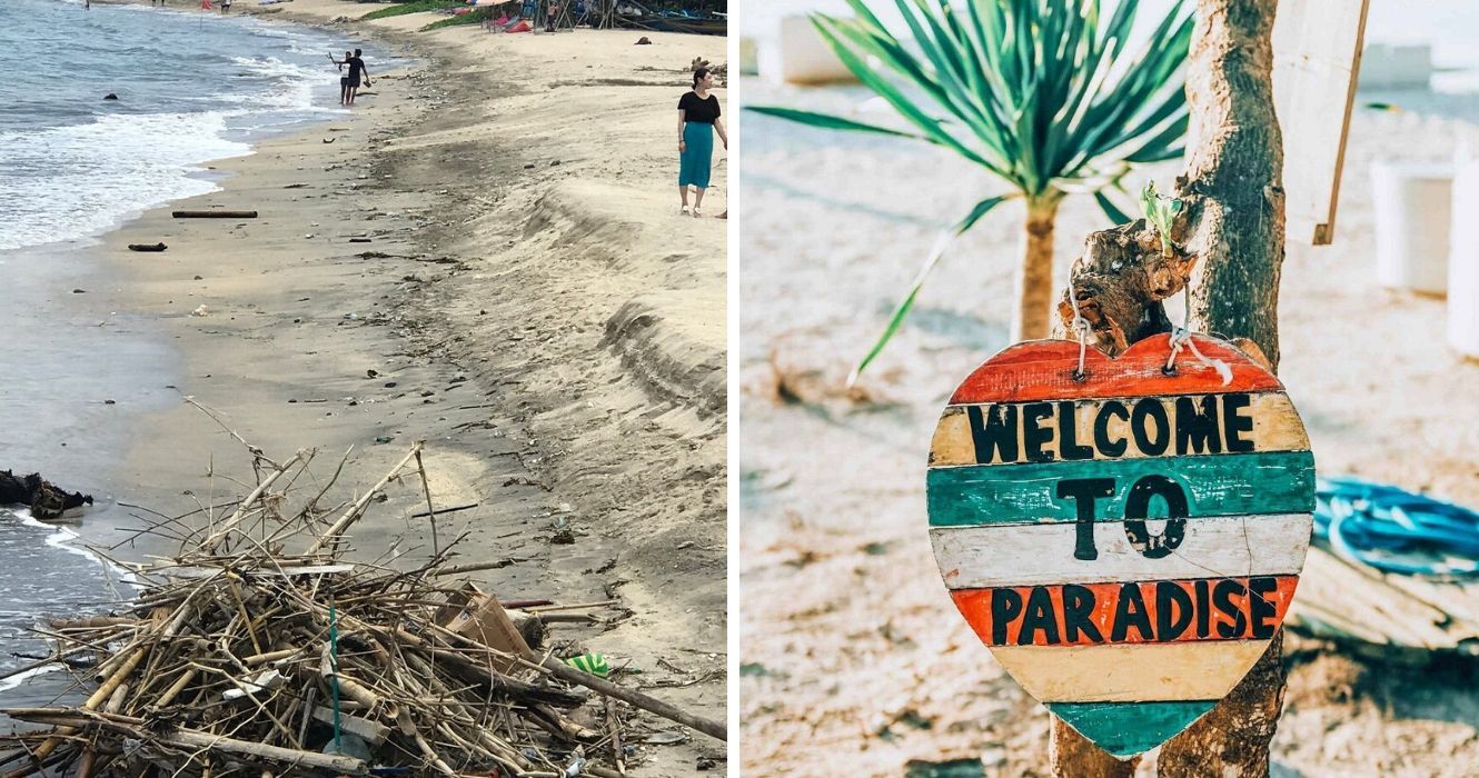 a pile of trash sits on kuta beach in bali, a cute sign welcomes guests in bali