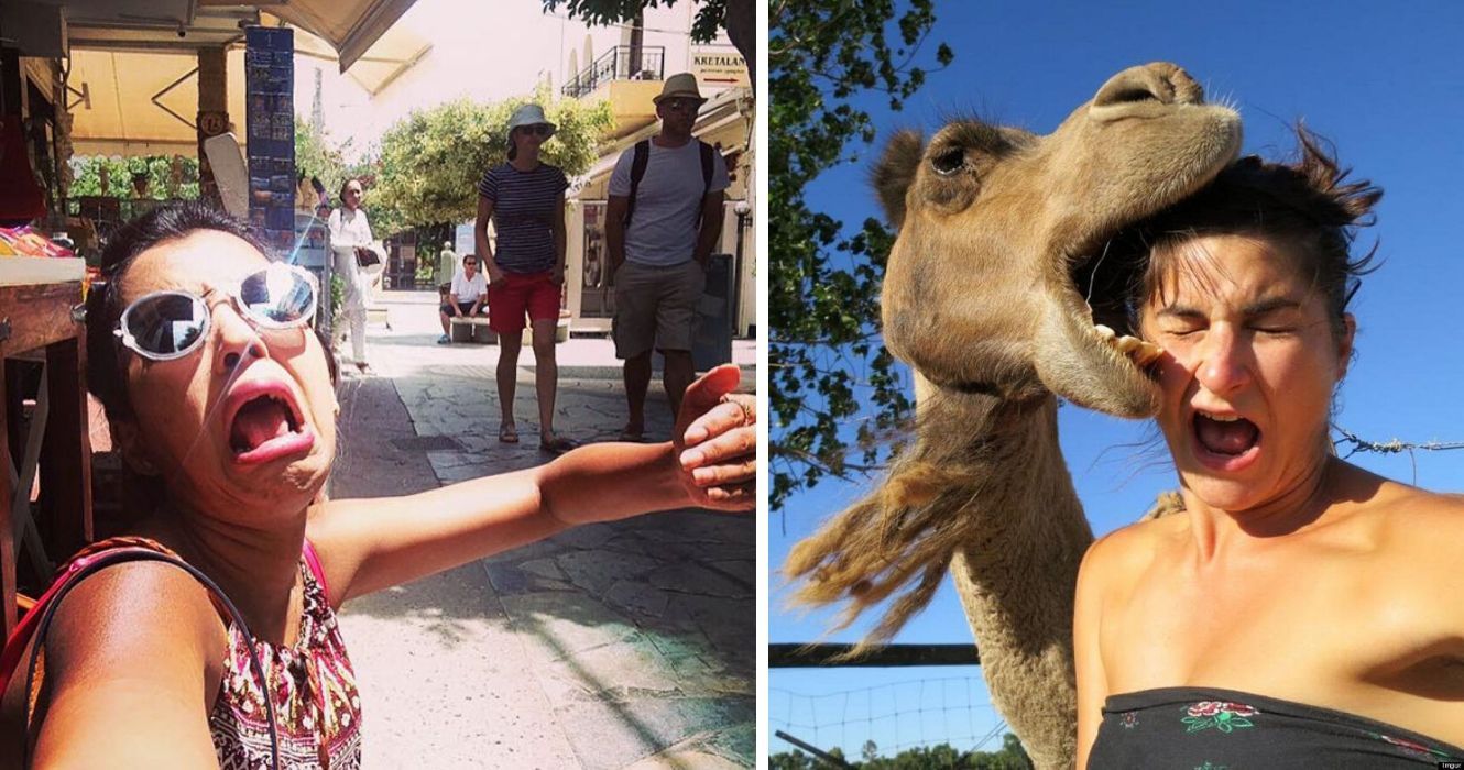 a girl takes an awkward selfie, a girl tries to take a photo with a giraffe