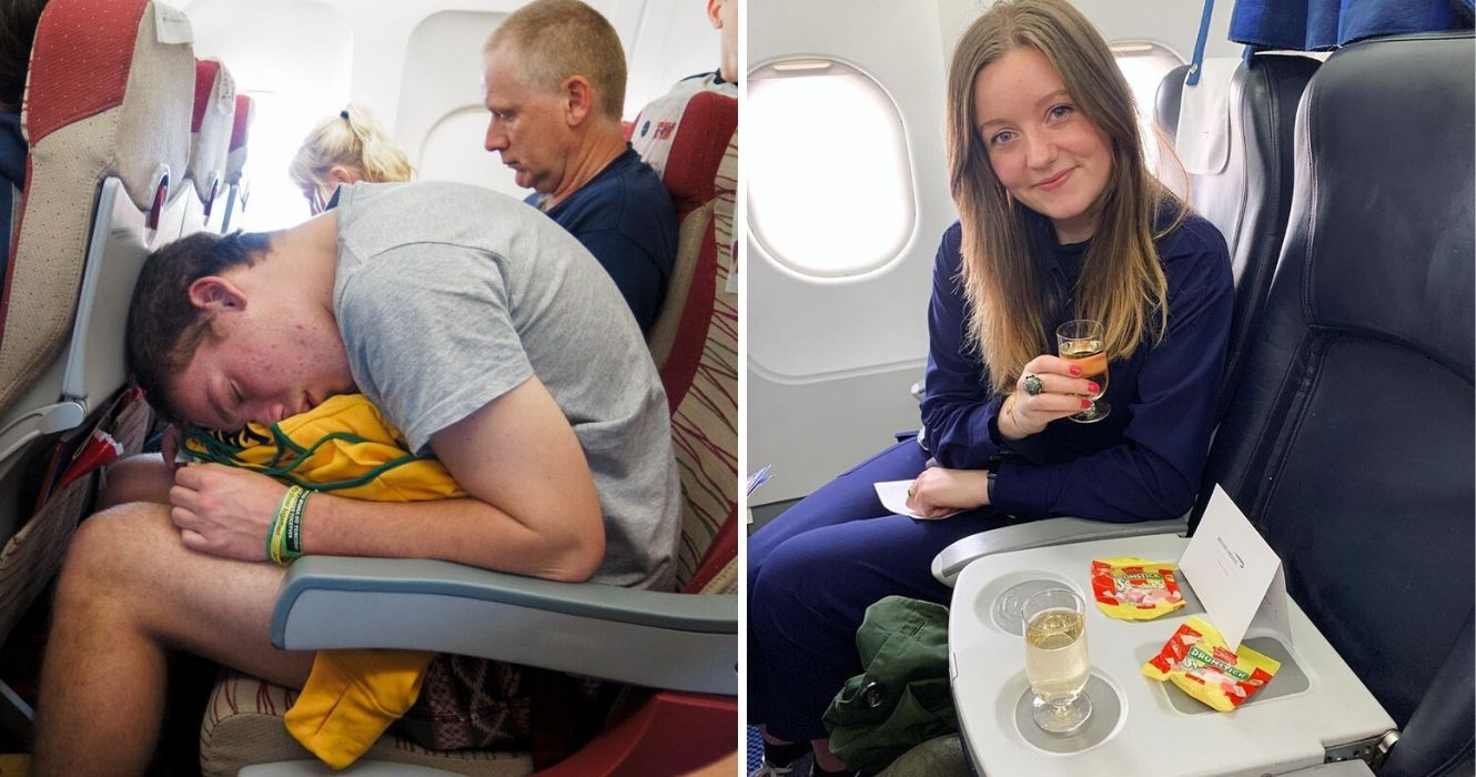 a man sleeps in an awkward position on the plane, a girl holds a glass of champagne in business class
