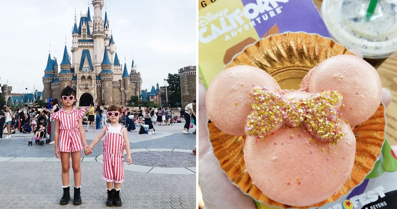 two children stand in front of cinderella's castle at japan's disneyland, a mickey mouse shaped macaron