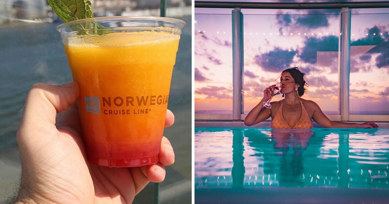 a fruity drink aboard a norwegian cruiseliner, a girl sits in the pool on a cruise ship
