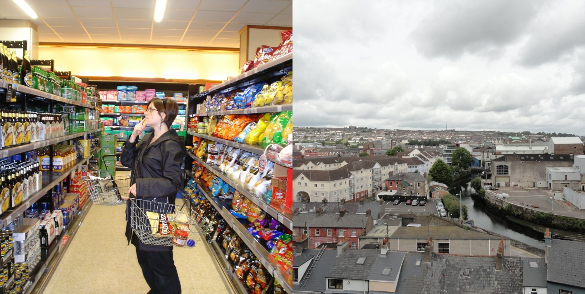 Woman Standing In Supermarket and Buildings In Cork Ireland