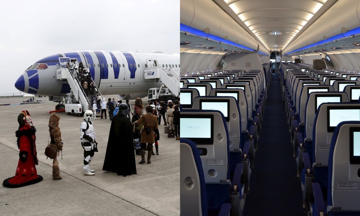 Star Wars fans boarding the plane in disguise