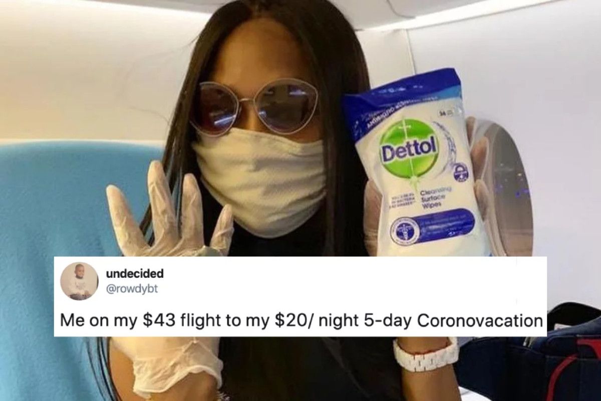 A woman wearing a mask and gloves on a cheap flight.