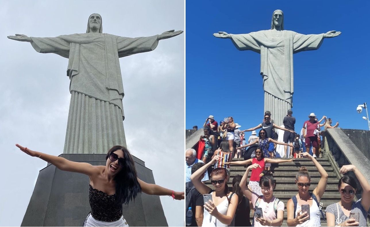 Person with arms spread in front of Christ the Redeemer / Crowd posing in front of Christ the Redeemer
