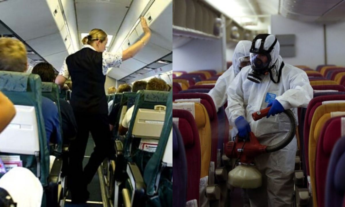 Crew securing luggage and people disinfecting a plane