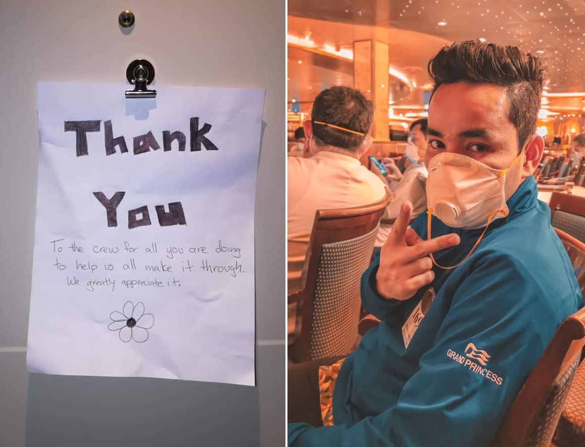 Note that reads &quot;Thank you to the crew for all you are doing to help us all make it through. We greatly appreciate it.&quot; / Crew member wearing mask, giving peace sign