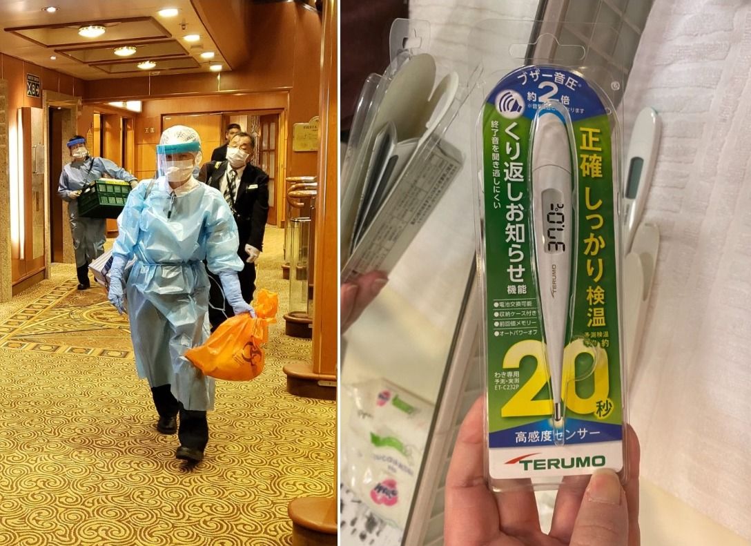 Worker in protective gear walking down hall / Han holding a thermometer