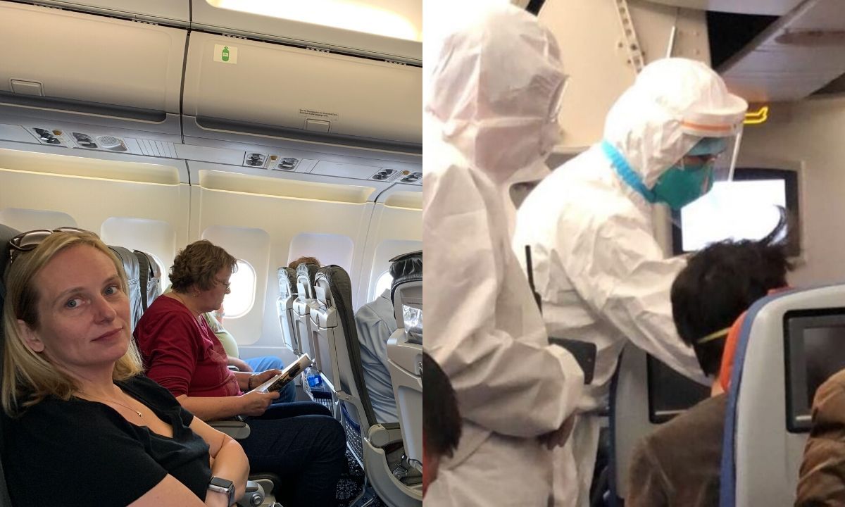 Passengers flying in Lufthansa without control and people disinfecting a plane
