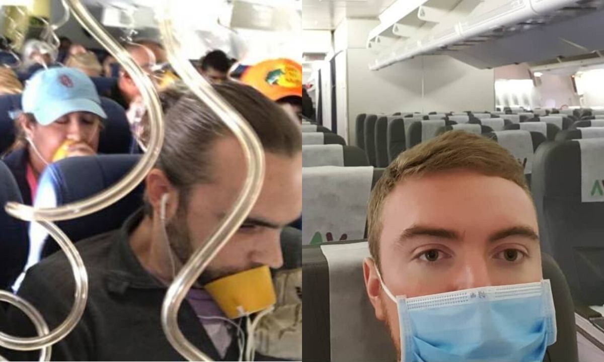 Passengers wearing different masks on a plane