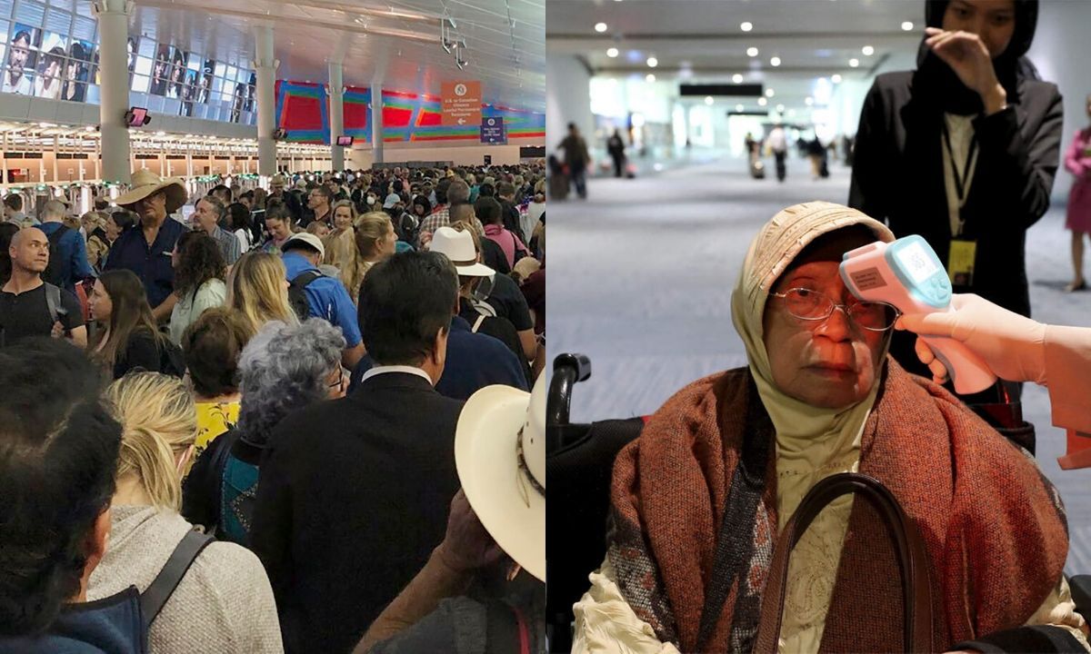 People at an airport line and having fever measured