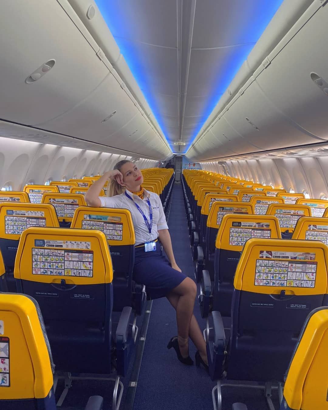 ryanair empty cabin with a flight attendant