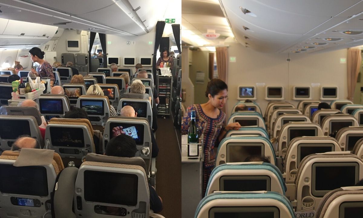 All seats taken at a Singapore Airlines' plane to an empty one
